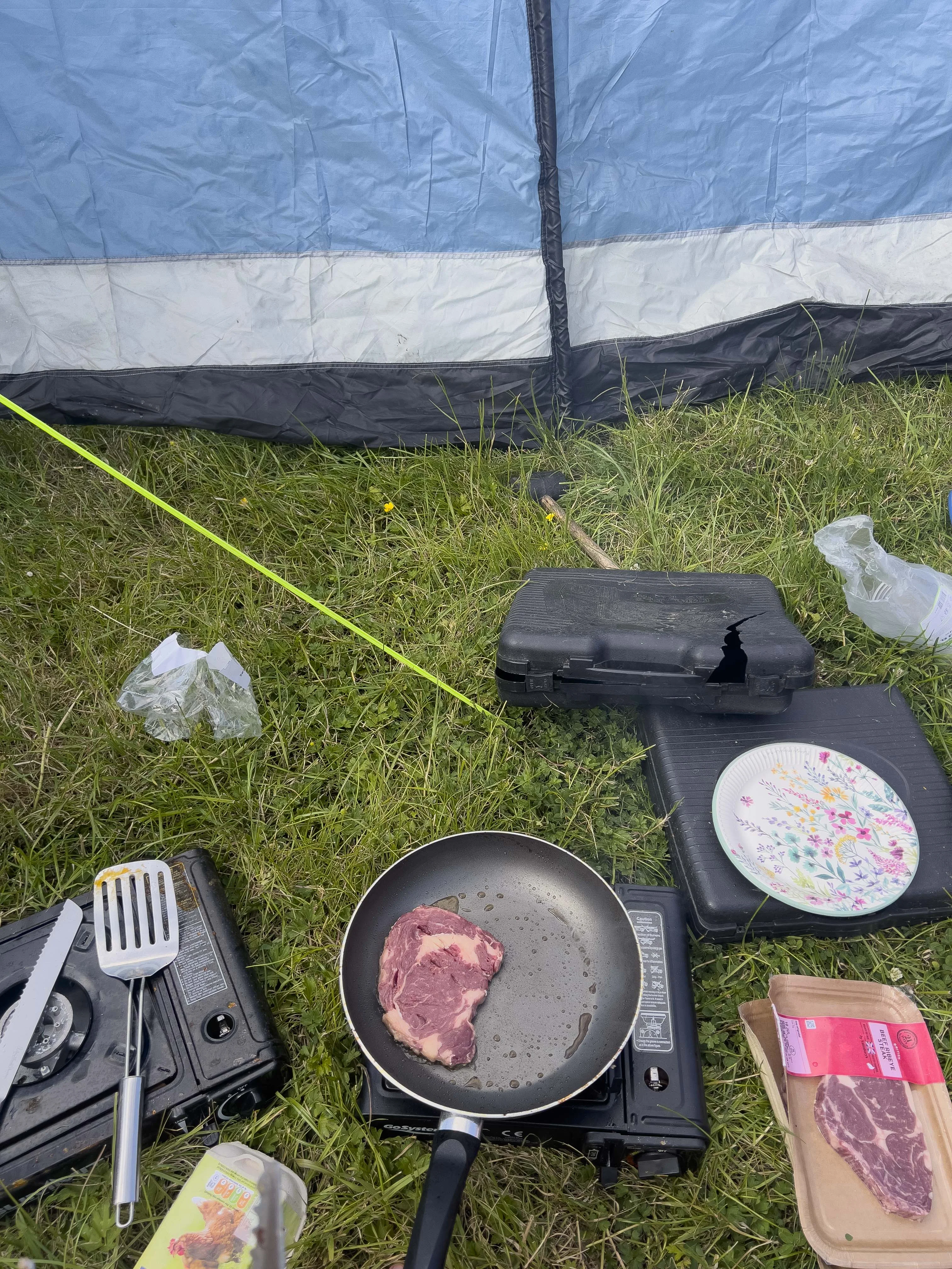 Cooking in the fields, steaks for breakfast