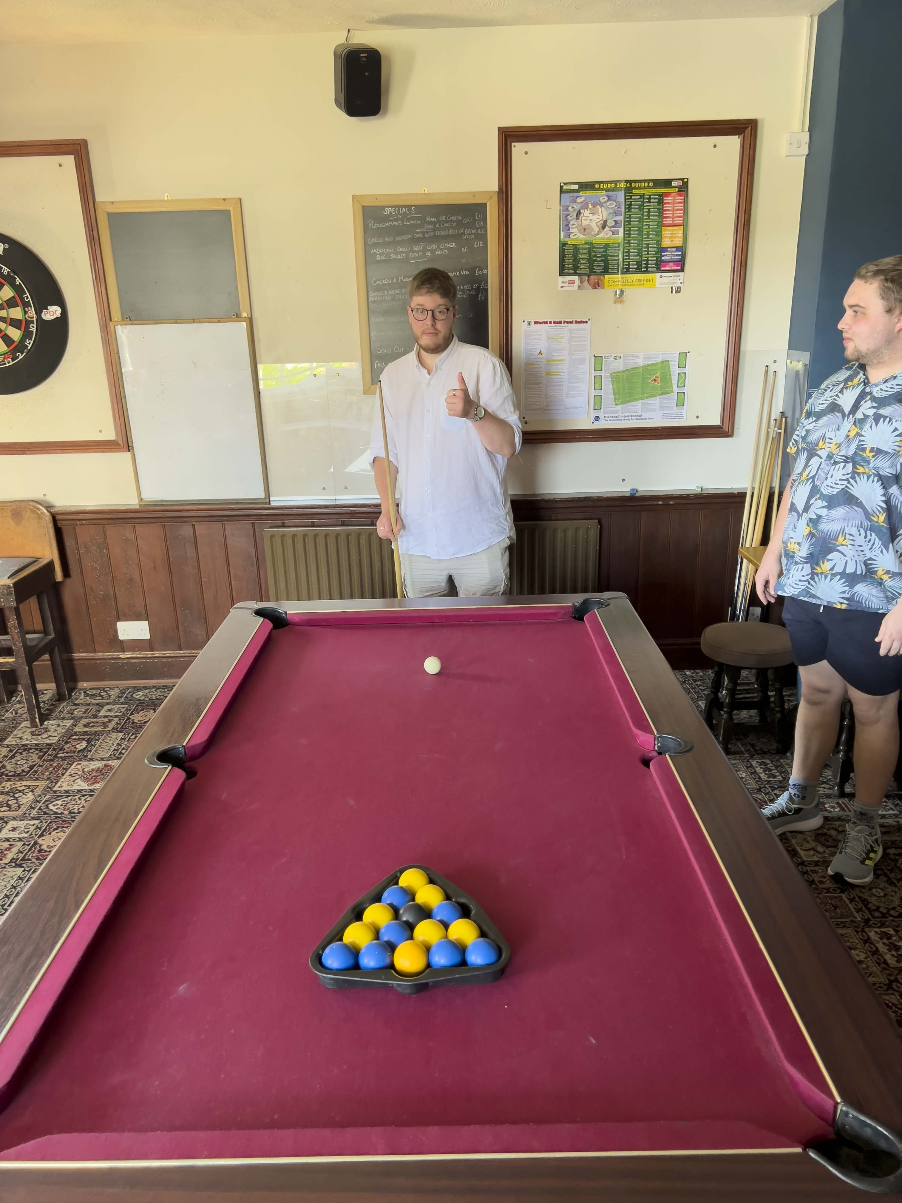 Inside the Brewers Arms, playing pool with Toby